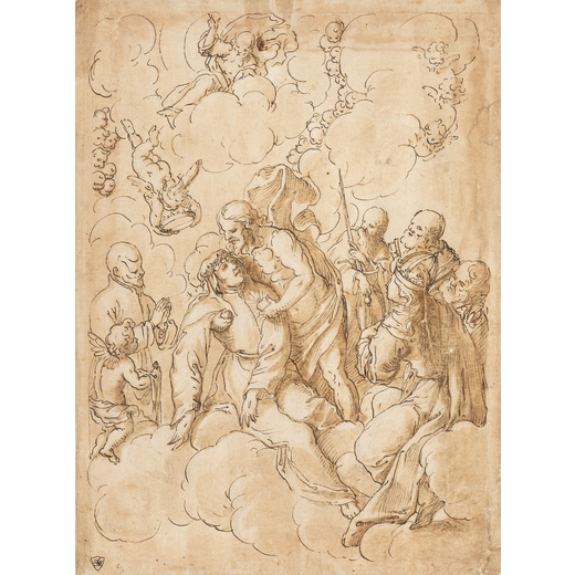 PITTORE DEL XVIII SECOLO Visione di Santa Teresa<br>Penna su carta controfondata, cm 38X28,5