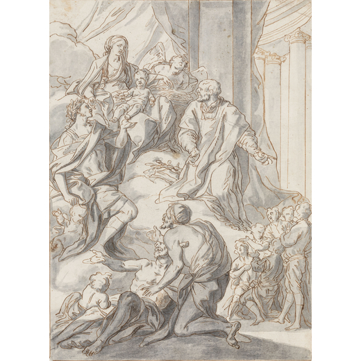 FRANCESCO NARICI (attr. a) (Genova, 1719 - 1785)<br>Madonna con il Bambino e Santi<br>Penna e acquer