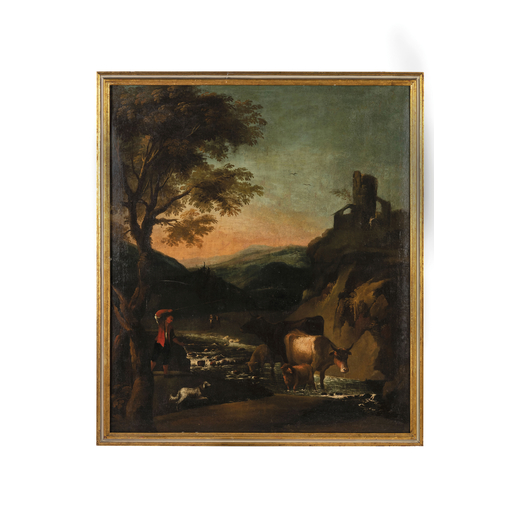 PITTORE VENETO DEL XVIII SECOLO  Paesaggio con pescatore<br>Olio su tela, cm 138X121