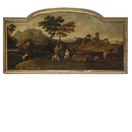 ANDREA TORRESANI (cerchia di) (Brescia, 1695 - 1760)<br>Paesaggio con figure e ponte<br>Olio su tela