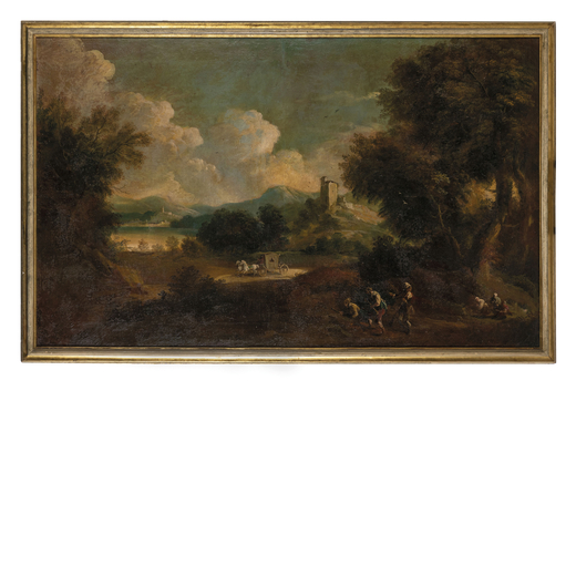 PITTORE DEL XVIII-XIX SECOLO Paesaggio con carrozza<br>Olio su tela, cm 106X171