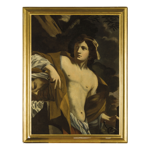 PITTORE DEL XVIII SECOLO Davide con la testa di Golia<br>Olio su tela, cm 89,5X66