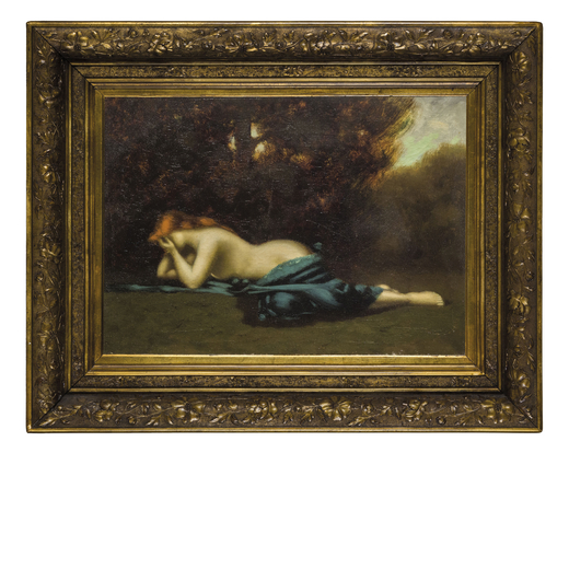 JEAN JACQUES HENNER (ATTR. A) Bernwiller, 1829 - Parigi, 1905<br>Donna sdraiata nel bosco<br>Olio su