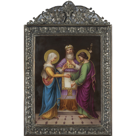 SMALTO CON CORNICE IN METALLO, XIX-XX SECOLO raffigurante lo Sposalizio della Vergine; usure<br>Alt.