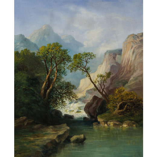 PITTORE DEL XIX SECOLO <br>Paesaggio di montagna con fiume <br>Firmato in basso a sinistra  <br>Olio