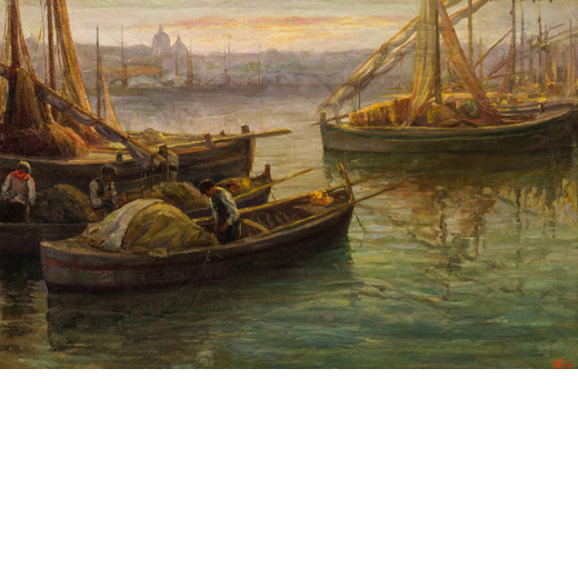 ANTONIO LO PRESTI Nicotera, 1887 - ?, 1918<br>Marina con barche e pescatori <br>Firmato Lo Presti in