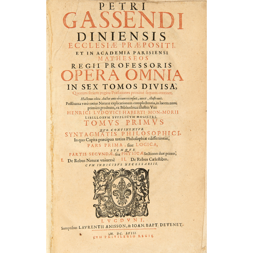 GASSENDI, Pietro (1592-1655). Opera omnia . Lione: Anisson, Laurent e Devenet, Jean-Baptiste, 1658.