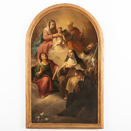 PITTORE LOMBARDO-VENETO DEL XVIII SECOLO Sacra Famiglia e santi<br>Olio su tela, cm 131X80