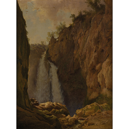 ABRAHAM TEERLINK (Dordrecht (Olanda) 1776 - Roma 1857)<br>Le cascate di Tivoli<br>Olio su tela, cm 6