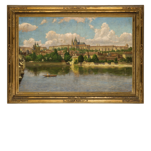 STEPHAN KASPRAZAK (attivo in Russia nel XIX secolo) <br>Veduta di Praga <br>Olio su tela, cm 60x120 