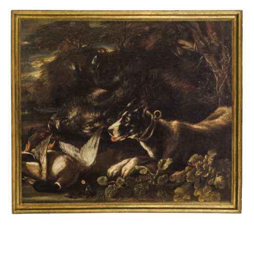 PITTORE LOMBARDO DEL XVII-XVIII SECOLO Natura morta con cacciagione e cane seduto<br>Olio su tela, c