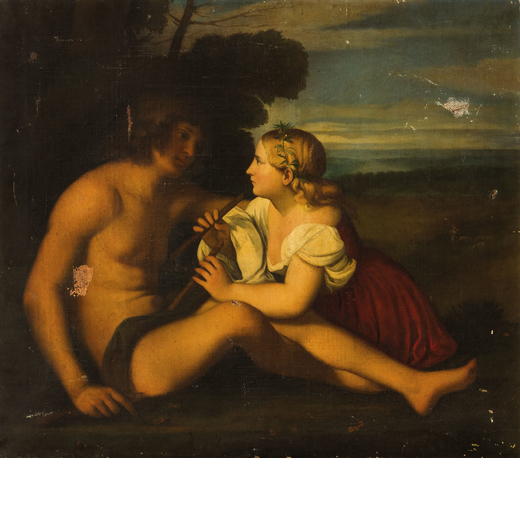 ABRAHAM TEERLINK (Dordrecht (Olanda) 1776 - Roma 1857)<br>Coppia di amanti da Tiziano<br>Olio su tel
