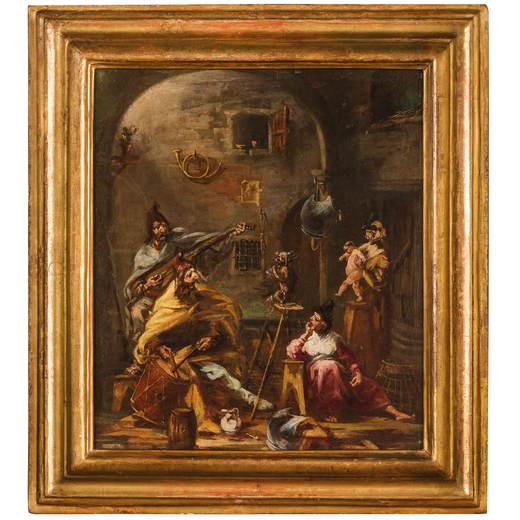 ALESSANDRO MAGNASCO (bottega di) (Genova, 1667 - 1749)<br>Scene dinterno<br>Olio su tela cm 46X37,5