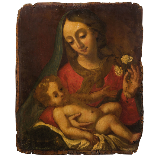 PITTORE EMILIANO DEL XVII SECOLO Madonna col Bambino<br>Olio su tavola, cm 53X44