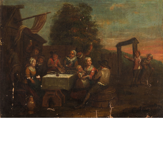 PITTORE OLANDESE DEL XVIII SECOLO Banchetto di contadini<br>Olio su tela, cm 40X56
