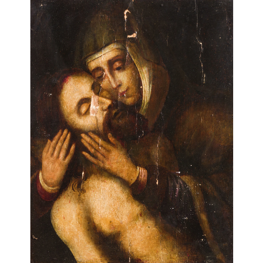 QUENTIN MASSYS (seguace di) (Leuven, 1466 - Kiel, 1530)<br>Pietà<br>Olio su tavola, cm 29X22