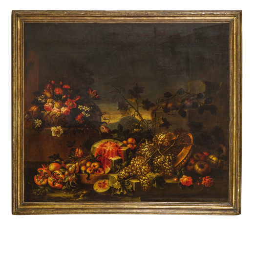MICHELANGELO PACE (attr. a) (Roma, 1610-1670)<br>Natura morta di frutti e cesto fiorito<br>Olio su t