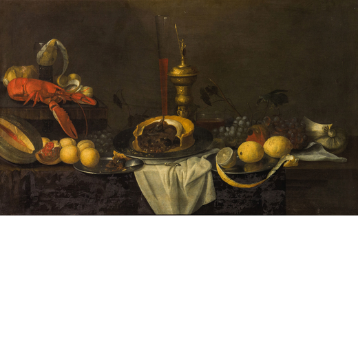 PITTORE OLANDESE DEL XVII - XVIII SECOLO Natura morta con limoni, astice e bicchiere<br>Olio su tela