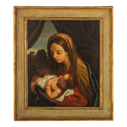 CARLO MARATTI (scuola di) (Camerano, 1625 - Roma, 1713)<br>Madonna col Bambino<br>Olio su tela, cm 7