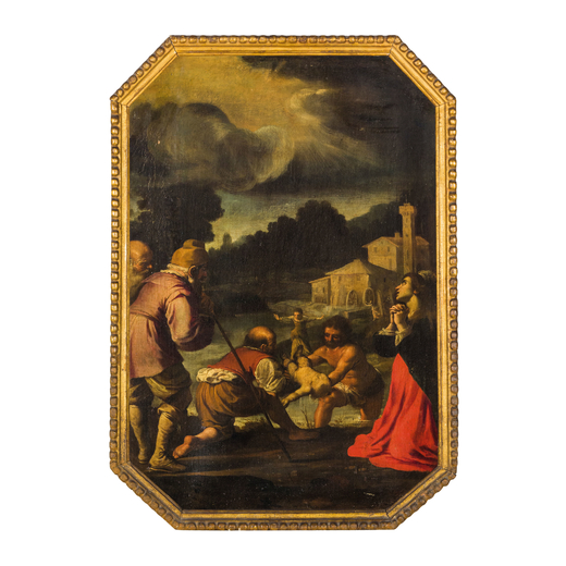 ALESSANDRO TIARINI (attr. a) (Bologna, 1577 - 1668)<br>Scena di miracolo<br>Olio su tela, cm 90X60
