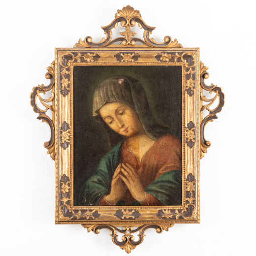 PITTORE MARCHIGIANO DEL XVIII SECOLO Madonna orante<br>Olio su tela, cm 47X37