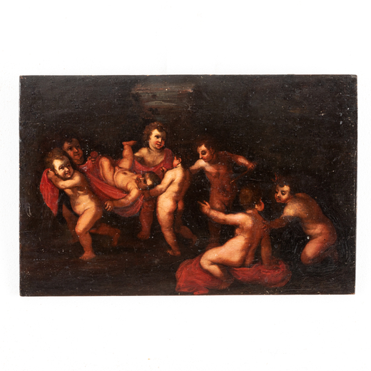 GIOVANNI ANDREA PODESTÀ (attr. a) (Genova, 1608 - 1674 circa)<br>Giochi di putti<br>Olio su tavola,