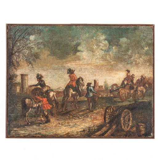 PITTORE VENETO DEL XVIII SECOLO Paesaggio con soldati<br>Olio su tela, cm 52X67,5
