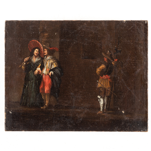 CORNELIS DE WAEL (attr. a) (Anversa, 1592 - Roma, 1667)<br>Scena galante<br>Olio su tela, cm 36X46