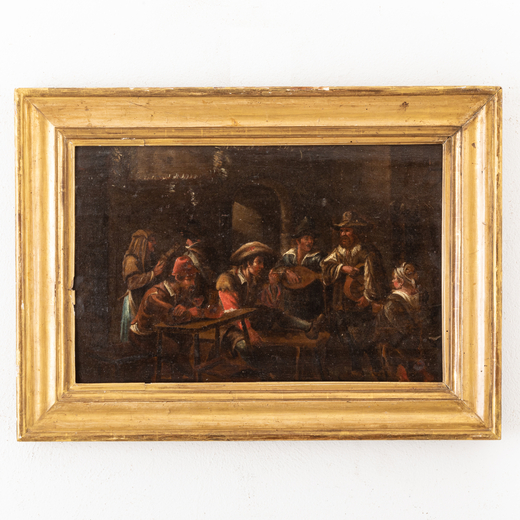 PITTORE BAMBOCCIANTE DEL XVII-XVIII SECOLO Scena di taverna<br>Olio su tavola, cm 31,5X46