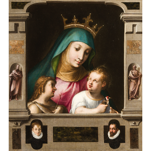 VENTURA SALIMBENI (attr. a) (Siena, 1568 - 1613)<br>Madonna con bambino, San Giovannino e donatori<b