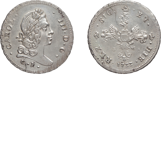 ZECCHE ITALIANE. PALERMO. CARLO III (1707-1734). 6 TARI 1733 Argento, 14,29 gr, 34 mm. Frattura del 