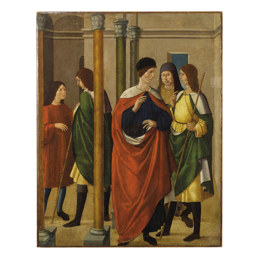 PITTORE SENESE DEL XVI SECOLO Disputa religiosa<br>Olio su tavola, cm 78,5X61,5