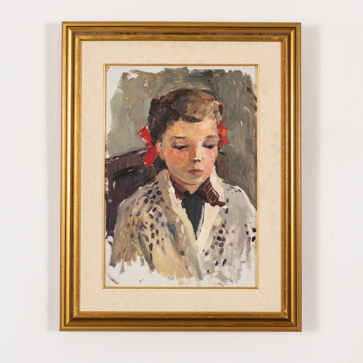 TETYANA MYKOLAIVNA GOLEMBIEVSKA Kiev, 1936 - 2018<br>Ritratto di bambina con fiocchetti rossi<br>Oli
