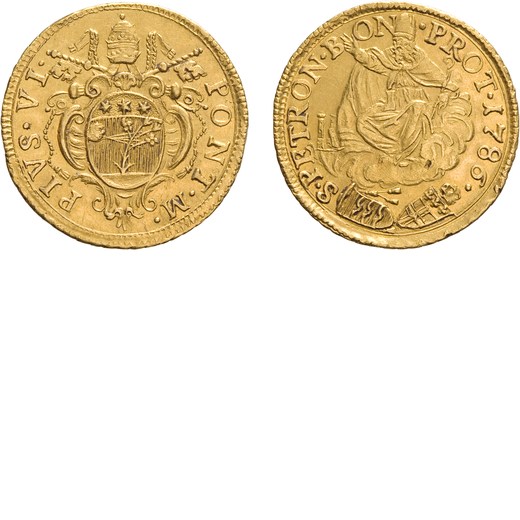 MONETE PAPALI. PIO VI (1775-1799). 2 ZECCHINI 1786 Bologna. Oro, 6,87 gr, 24,5 mm, meglio di BB. Mol