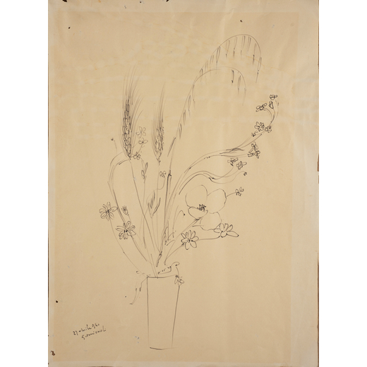 GIOVANNI OMICCIOLI Roma 1907  - 1975<br>Vaso di fiori, 1960<br>Tecnica mista su carta, cm 53,5 x 39,