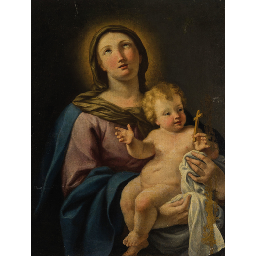 PITTORE DEL XVI-XVII SECOLO Madonna con Bambino<br>Olio su tela, cm 101X77