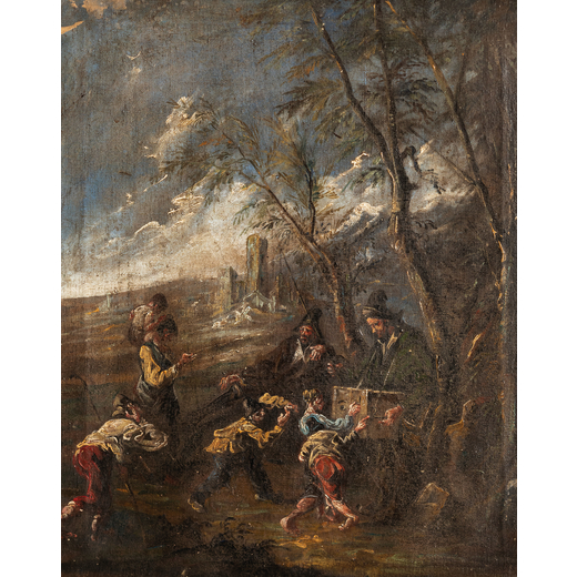 PITTORE DEL XVII-XVIII SECOLO Scena campestre<br>Olio su tela, cm 51X40