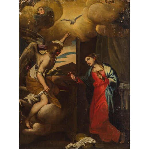 PITTORE DEL XVII-XVIII SECOLO Annunciazione<br>Olio su tela, cm 95X70,5