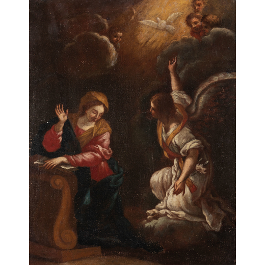 PITTORE DEL XVII-XVIII SECOLO Annunciazione <br>Olio su tela, cm 41X33