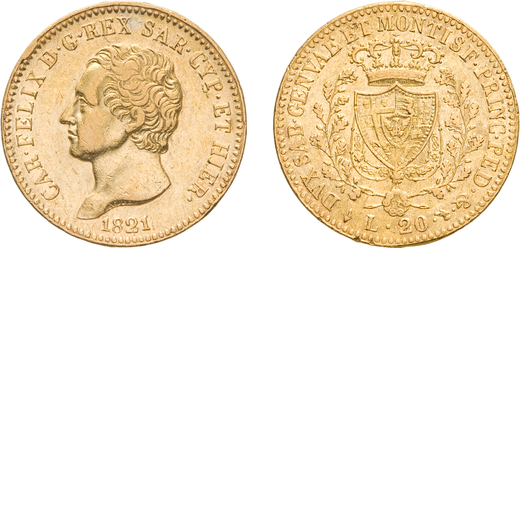 SAVOIA. CARLO FELICE (1821-1831). 20 LIRE 1821 Torino. Oro, 6,42 gr, 21 mm, segnetti, BB. Rara.<br>D