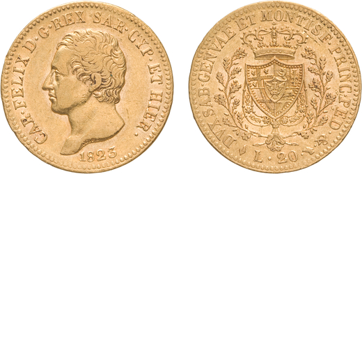 SAVOIA. CARLO FELICE (1821-1831). 20 LIRE 1823 Torino. Oro, 6,44 gr, 21 mm, segnetti, BB. <br>D: CAR