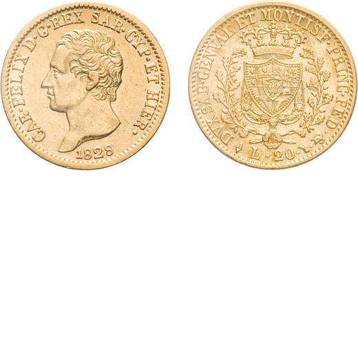 SAVOIA. CARLO FELICE (1821-1831). 20 LIRE 1828 Torino. Oro, 6,41 gr, 21 mm, segnetti, SPL. <br>D: CA