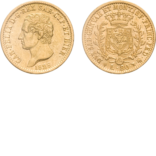 SAVOIA. CARLO FELICE (1821-1831). 20 LIRE 1828 Torino. Oro, 6,43 gr, 21 mm, segnetti, qSPL. <br>D: C