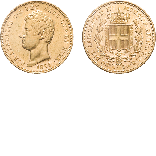 SAVOIA. CARLO ALBERTO (1831-1849). 50 LIRE 1836 Torino. Oro, 16,10 gr, 27 mm, qSPL. Molto Rara.<br>D