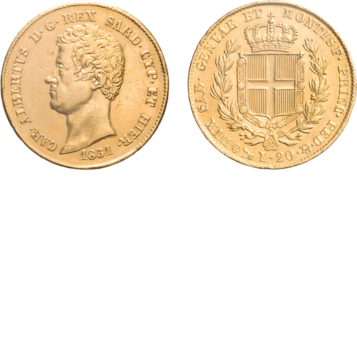 SAVOIA. CARLO ALBERTO (1831-1849). 20 LIRE 1831 Genova. Oro, 6,43 gr, 21 mm, BB. Rara.<br>D: CAR . A