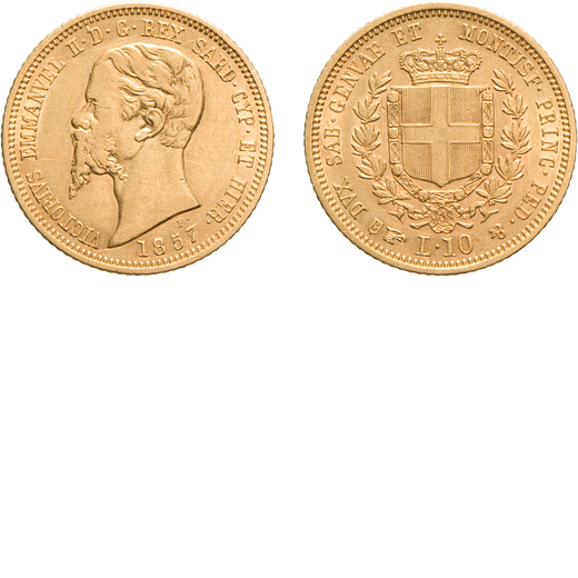 SAVOIA. VITTORIO EMANUELE II (1849-1861). 10 LIRE 1857 Torino. Oro, 3,20 gr, 18 mm, migliore di BB, 
