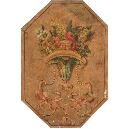PANNELLO DIPINTO SU TELA, XVIII-XIX SECOLO montato su telaio e raffigurante vaso fiorito con volatil