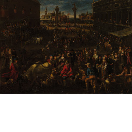 JOSEPH HEINTZ IL GIOVANE (Augusta, 1600 circa - Venezia, 1678)<br>Caccia al toro<br>Olio su tela, cm