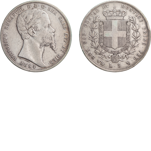 SAVOIA. VITTORIO EMANUELE II (1849-1861). 5 LIRE 1854 Genova. Argento, 24,75 gr, 37 mm, colpetti abi