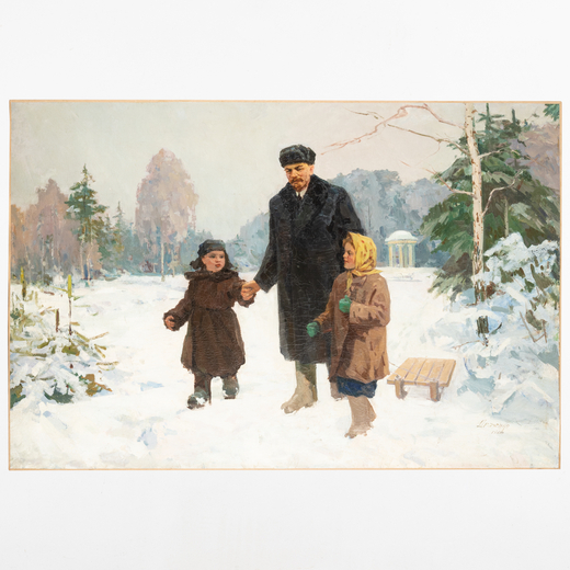 PETR GERASIMOVICH DRACHENKO Alekseevk, 1913 - 1996<br>Lenin con i bambini sulla neve<br>Firmato Drac